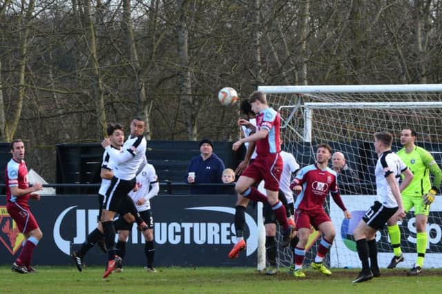 Goalmouth action from Kings Langleys Boxing Day derby clash with Chesham United. (Picture by Chris Riddell).