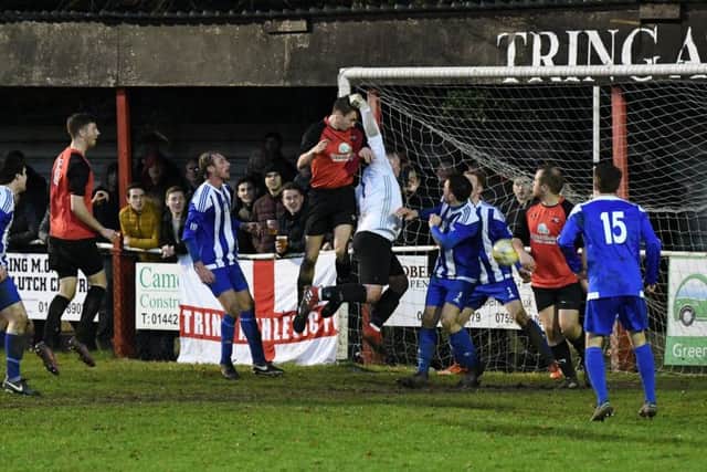 Trings Mark Riddick getting the winning goal for Athletic in the last round of the FA Vase. The club is now just three wins away from a Wembley Stadium final.