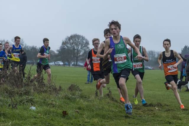 Dacorum & Tring runners Thomas Durrant (No 688) and Jack Raine (233) put in some good performances in the under-15s boys race at the Herts 2018 cross-country championships. (Picture by Gary Mitchell)