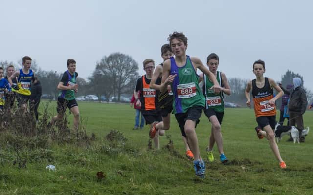 Dacorum & Tring runners Thomas Durrant (No 688) and Jack Raine (233) put in some good performances in the under-15s boys race at the Herts 2018 cross-country championships. (Picture by Gary Mitchell)