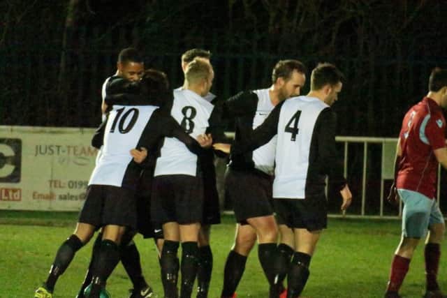 Berko players celebrate after Ashley Morrisseys opening goal on Wednesday in the cup at Welwyn.