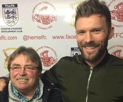 New arrival Darren Ward, pictured here with Hemel Town chairman Dave Boggins, has been a good addition to the Tudors squad for the playoff push.
