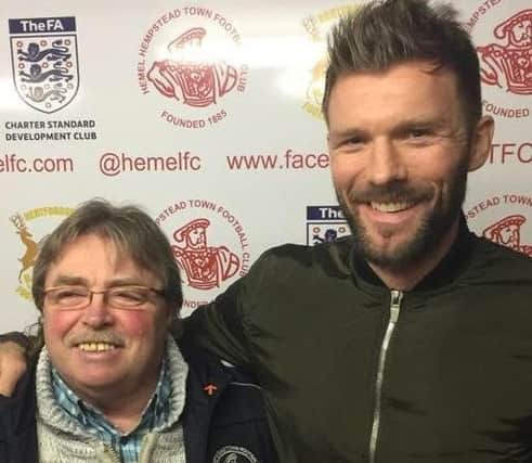 New arrival Darren Ward, pictured here with Hemel Town chairman Dave Boggins, has been a good addition to the Tudors squad for the playoff push.