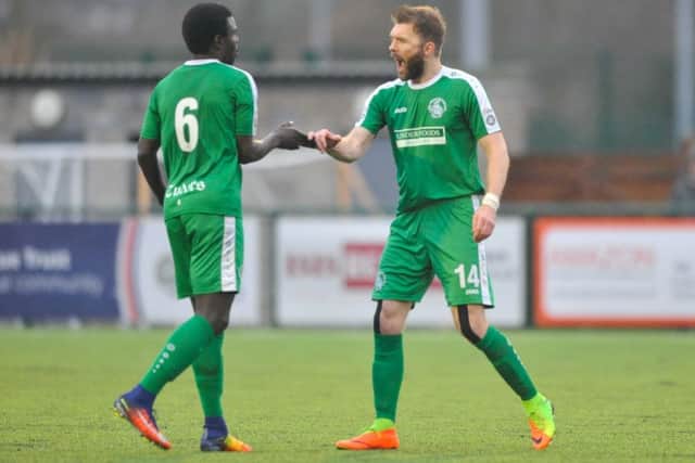 Hemel Town's Darren Ward celebrates with Ismail Yakubu after netting on his debut in a substitute appearance. (Picture by Terry Rickeard).
