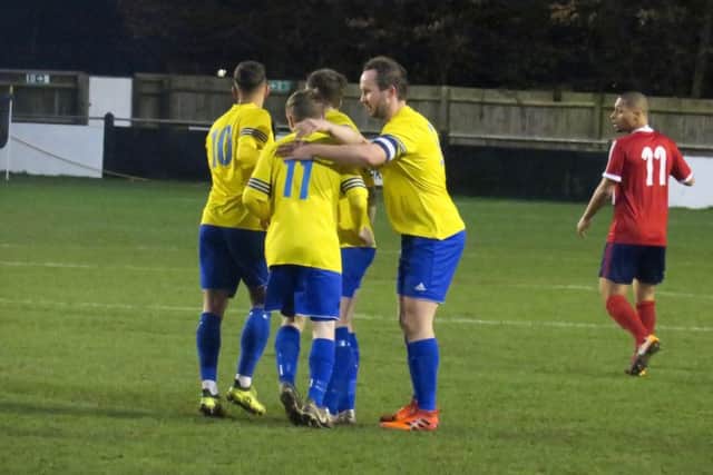 Berkos players celebrate after scoring against Biggleswade in midweek (see report elsehwere on this website). (Picture by Ray Canham)
