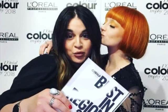 Hairdresser Beth Woolaway, left, with her model