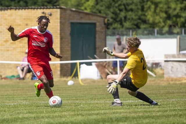 Herschel Sanchez Watt bears down on goal during the pre-season friendly between Bovingdon and Hemel Town at Green Lane, Bovingdon, on Saturday. (Picture by Mark Keinch)