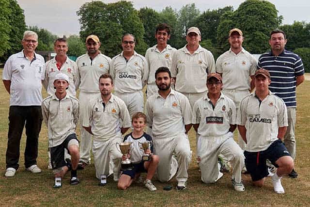 Heath Park Cup 2018 winners Langleybury, back row, from left, Roy Newman (umpire), Lee Channer, Mo Manzoor, Khalid Manzoor, Chinmay Mullapudi, Ross Channer, Josh Godden, Jonathan Gunning (scorer). Front row, Ollie Ilott, Dan Walker, Ben Channer (mascot), Nahim Amin (captain), Sulaiman Manzoor and Pete Metcalfe.