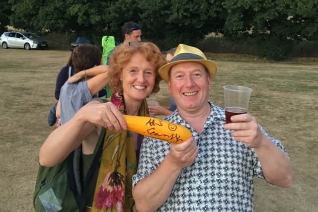 Cathy Salmon with Adrian Scarborough and one of the signed courgettes