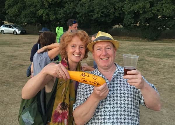 Cathy Salmon with Adrian Scarborough and one of the signed courgettes