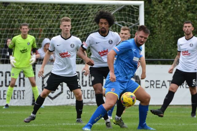 Kings Langley defender Jorell Johnson (centre) had some chances on Saturday. (File picture by Chris Riddell)