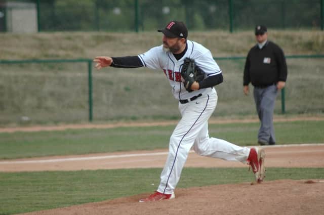 Wade Lynch on the mound for the Herts Falcons in their national playoff final against the London Mets.