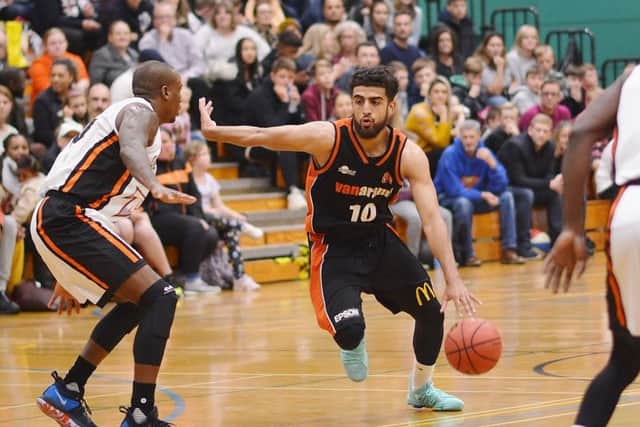 Hemel Storms Blayne Freckleton drives against Worthing Thunder.