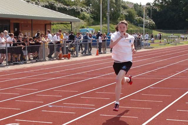 Cavendish School Sports at Jarman Park Track, Hemel Hempstead. Meg Smith year 7 Girls 200 metres wins.