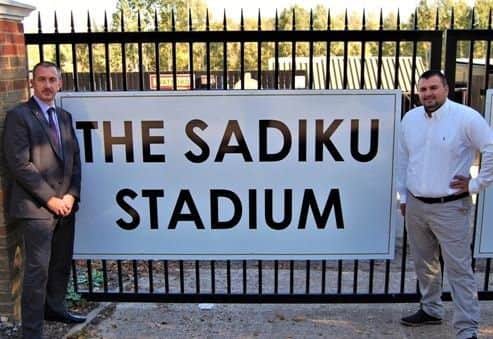 Kings Langley chairman Jeremy Wilkins, left, with businessman and new ground sponsor Fatlum Sadiku, owner of Apsley Car Wash.