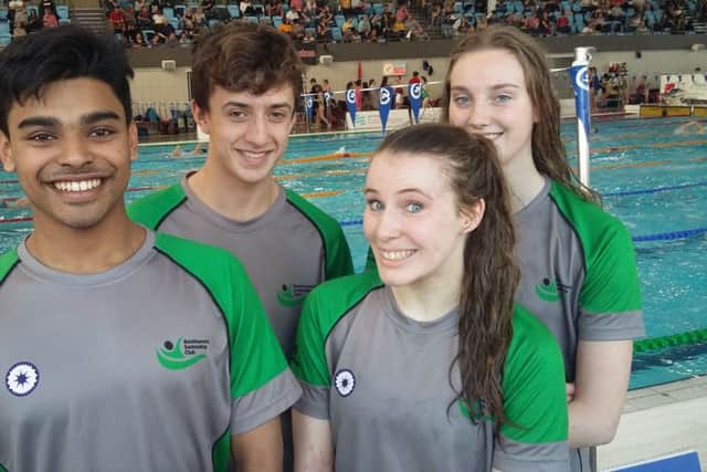 Berkhamsted SC's Ish Rahim, Dan Chennells, Ellen Northwood and Issy Soulsby at the East Region Winter Championships in Luton.