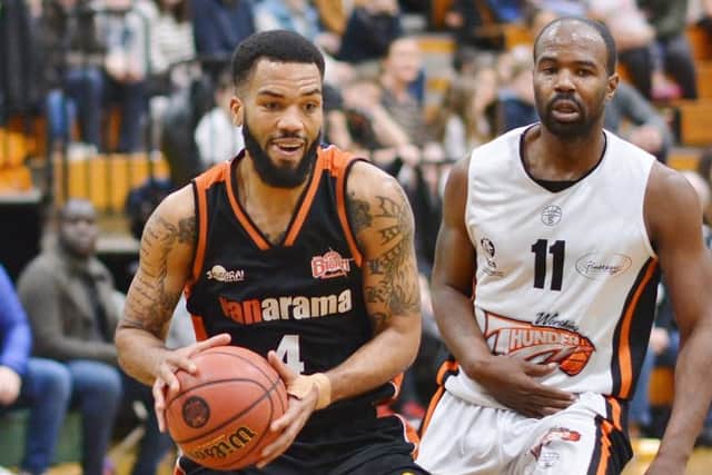 Hemel Storms Levi Noel with Worthings star Zaire Taylor, who Noel contained in the second-half on Sunday. (Picture: Lin Titmuss).