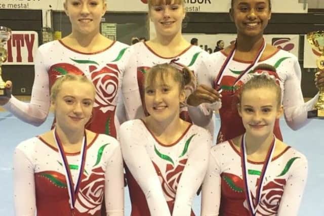 Sapphire Gymnastics Alyenna Rahim, back row, far right, with her England team-mates at the Salamunov Memorial Cup in Slovenia.