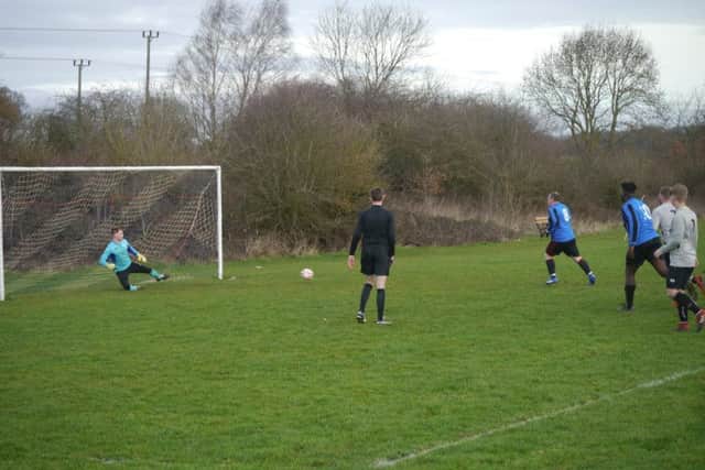 Kenny Harrington scores from the penalty spot in Last Hurraghs 3-2 win over Old Bellgate in BSFL's Division Two at the weekend.