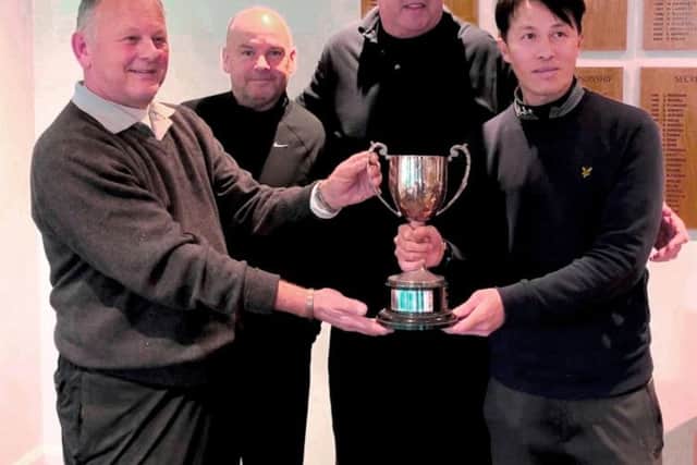 From left, tournament organiser Chris Miles, with Mick Whelan, Kirk House and Founders Day 2019 trophy winner Tong Tse at Little Hay GC.