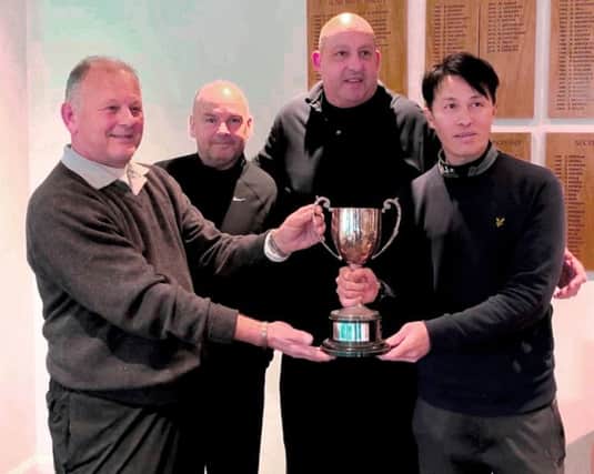 From left, tournament organiser Chris Miles, with Mick Whelan, Kirk House and Founders Day 2019 trophy winner Tong Tse at Little Hay GC.