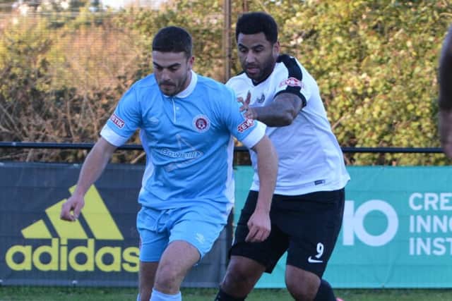 Kings Langleys Rene Howe, right, put Kings 1-0 ahead against Weymouth on Saturday. (File picture: Chris Riddell).