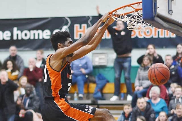 Hemel Storm new man TrayVonn Wright delivers a spectacular dunk against Newcastle on Saturday. (Picture by Lin Titmuss).