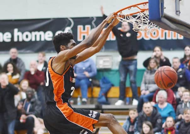 Hemel Storm new man TrayVonn Wright delivers a spectacular dunk against Newcastle on Saturday. (Picture by Lin Titmuss).