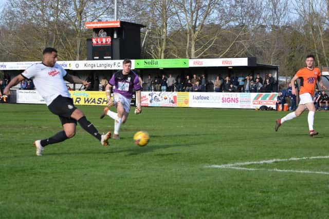 Kings Langleys Rene Howe shoots into an open net after receiving a deflected ball off of the Wimborne keeper on Saturday. (Picture by Chris Riddell).