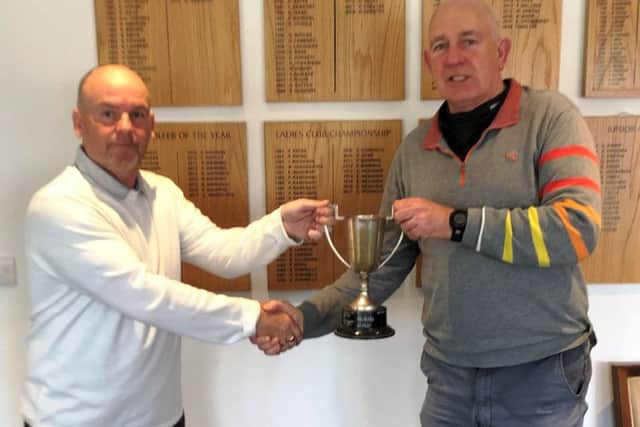 From left, Mick Whelan presents Paul Williams with the Bryn Aldridge Charity Trophy at Little Hay GC.