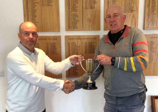 From left, Mick Whelan presents Paul Williams with the Bryn Aldridge Charity Trophy at Little Hay GC.