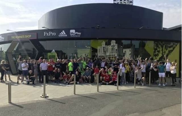 Tudors fans outside Watford FC's ground on Easter Monday who took part in the sponsored walk in aid of Hemel Town player Spencer McCall.