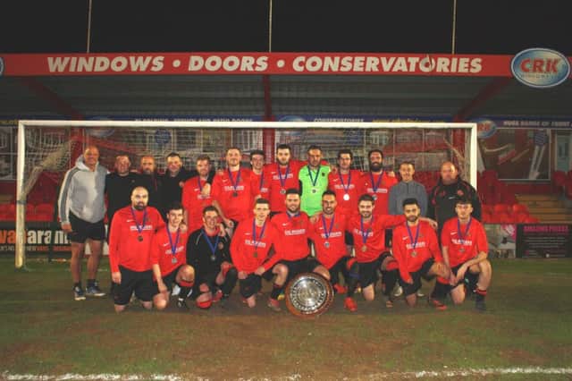 West Herts Senior Cup winners Hemel Hempstead Rovers with the Peace Shield at Vauxhall Road on Tuesday night after beating The Engineer Harpenden 2-0 in the final.
