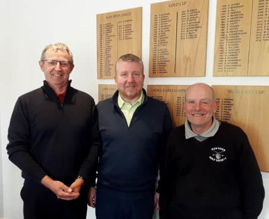 From left,  Mays medal winners at Little Hay GC, Paul Mudd (seniors), Martin Bull (mens Division Two), and Tom Wood (mens Division One).