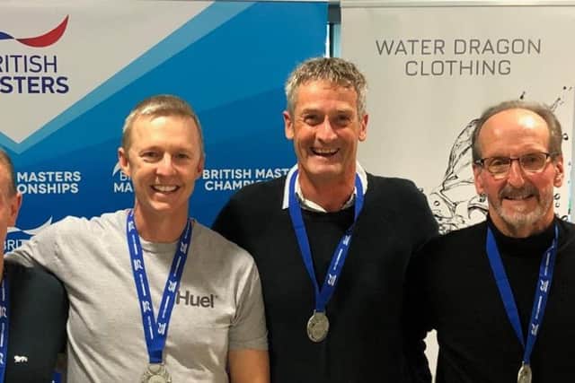 The glory boys, from left, Dave Pirrie. Kevin McKenna. Mark Strakosch and Mike Foskett at the British Masters and senior age-group long-course meet in Swansea, Wales, at the weekend.