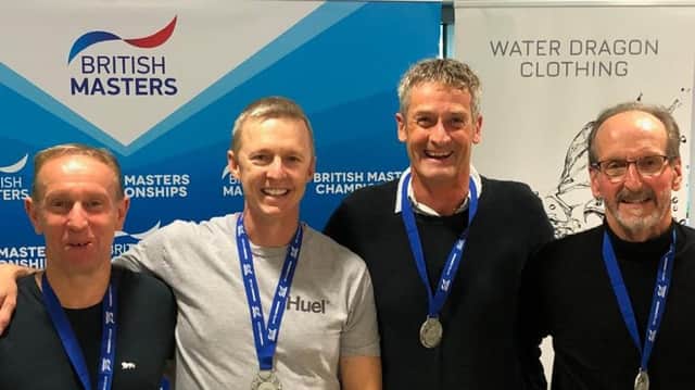 The glory boys, from left, Dave Pirrie. Kevin McKenna. Mark Strakosch and Mike Foskett at the British Masters and senior age-group long-course meet in Swansea, Wales, at the weekend.