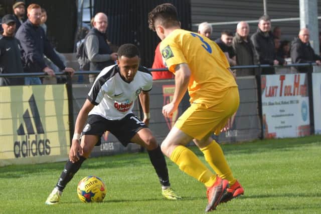 Kings Max Hercules in action against Barking in the FA Cup on Saturday. (Picture by Chris Riddell).