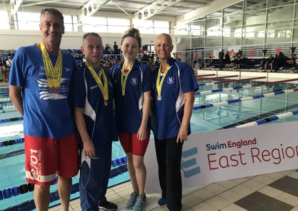 From left, Mark Strakosch, Dave Pirrie, Rebecca Hopper and Hilary Coulson excelled at the East Regional Masters Championships in Newmarket, Suffolk.