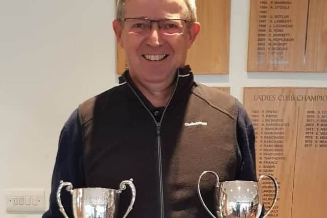 Double-winner Paul Mudd with the Senior Cup and Net Younger Senior Cup at Little Hay Golf Club.