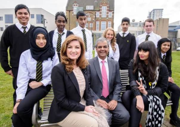 Newly appointed LifeSkills Ambassadors Karren Brady (left) and Jameela Jamil (right) with Ashok Vaswani, CEO Barclays Retail and Business Banking. Picture: Anthony Upton/PA