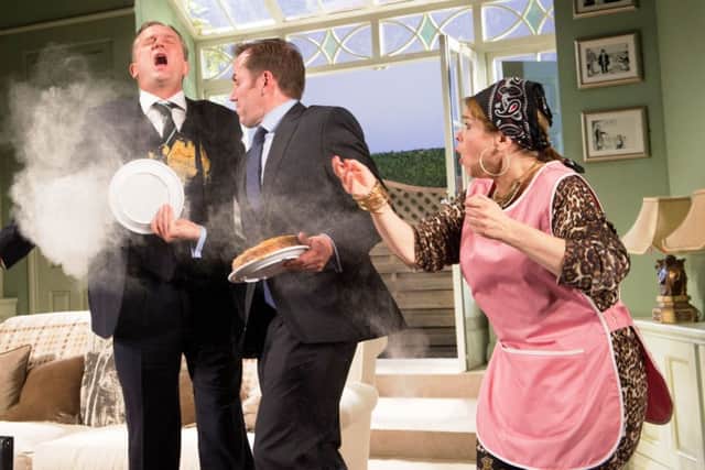 Simon Shepherd, Ben Miller and Debbie Chazen in The Duck House. Photo by Tristram Kenton.