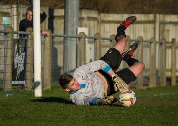 Arlesey Town keeper Aiden Grant in action against Hemel