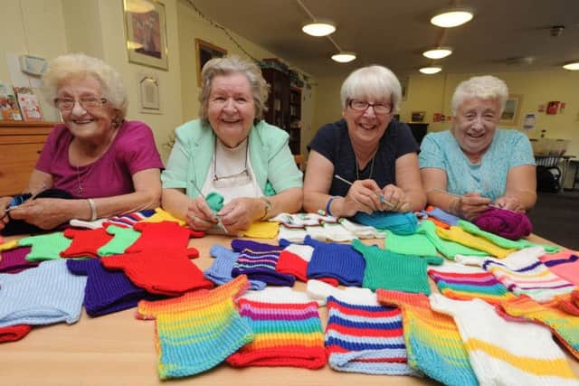 Knitting cycle jersey bunting at Florence Longman House, Apsley. From left Polly Ling, Vera Bullock, Shelagh Martin and Pat Pow