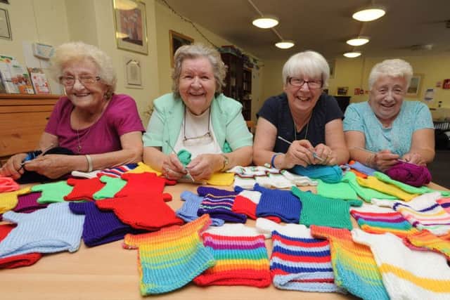 Knitting cycle jersey bunting at Florence Longman House, Apsley. From left Polly Ling, Vera Bullock, Shelagh Martin and Pat Pow