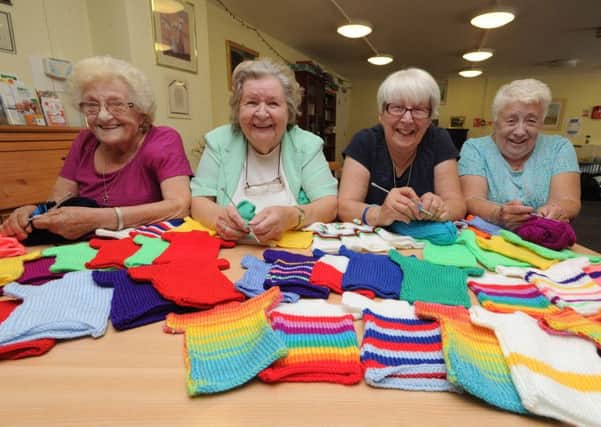 Knitting cycle jersey bunting at Florence Longman House, Apsley. From left Polly Ling, Vera Bullock, Shelagh Martin and Pat Pow