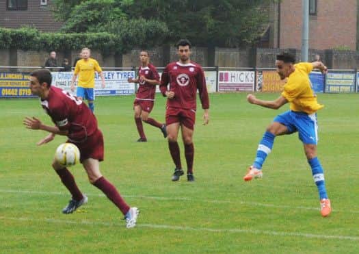 Adiel Mannion fires home against Stotfold