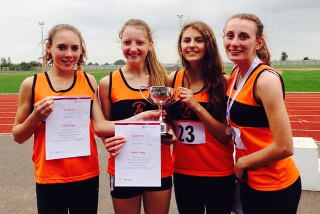 Nikki Greaves (second from left) and Laurette Wenborn (third from left) helped the U15 Hertfordshire girls team to victory at the English Schools mutli-event championships