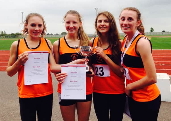Nikki Greaves (second from left) and Laurette Wenborn (third from left) helped the U15 Hertfordshire girls team to victory at the English Schools mutli-event championships