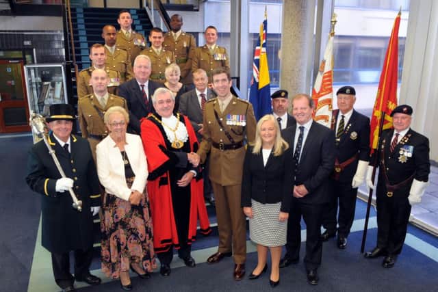 Royal Anglian Regiment, Dacorum Borough Council officials and standard bearers at the Freedom of the Borough ceremony