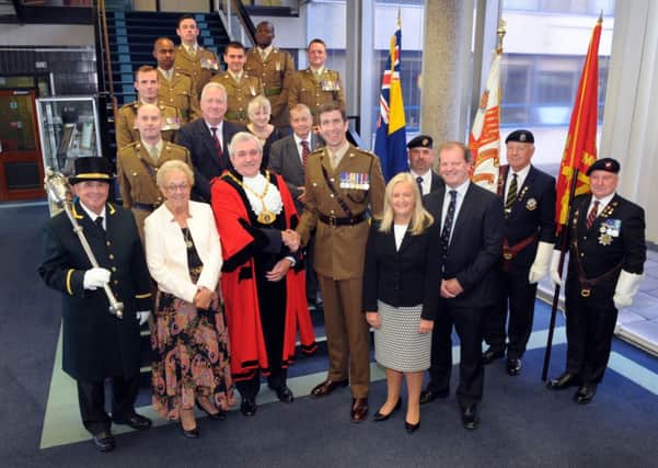 Royal Anglian Regiment, Dacorum Borough Council officials and standard bearers at the Freedom of the Borough ceremony